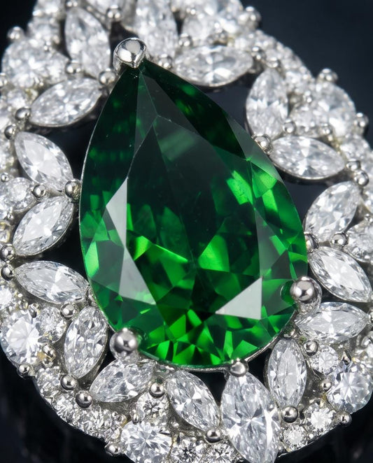Chrome Diopside Necklace - Diamond Flourishing Wheat Style - Teardrop Pear Cut - 18KGP @ Sterling Silver - 3 CT Green Diopside Pendant #885