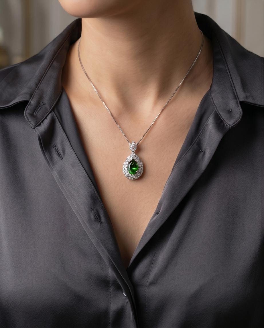 Chrome Diopside Necklace - Diamond Flourishing Wheat Style - Teardrop Pear Cut - 18KGP @ Sterling Silver - 3 CT Green Diopside Pendant #885