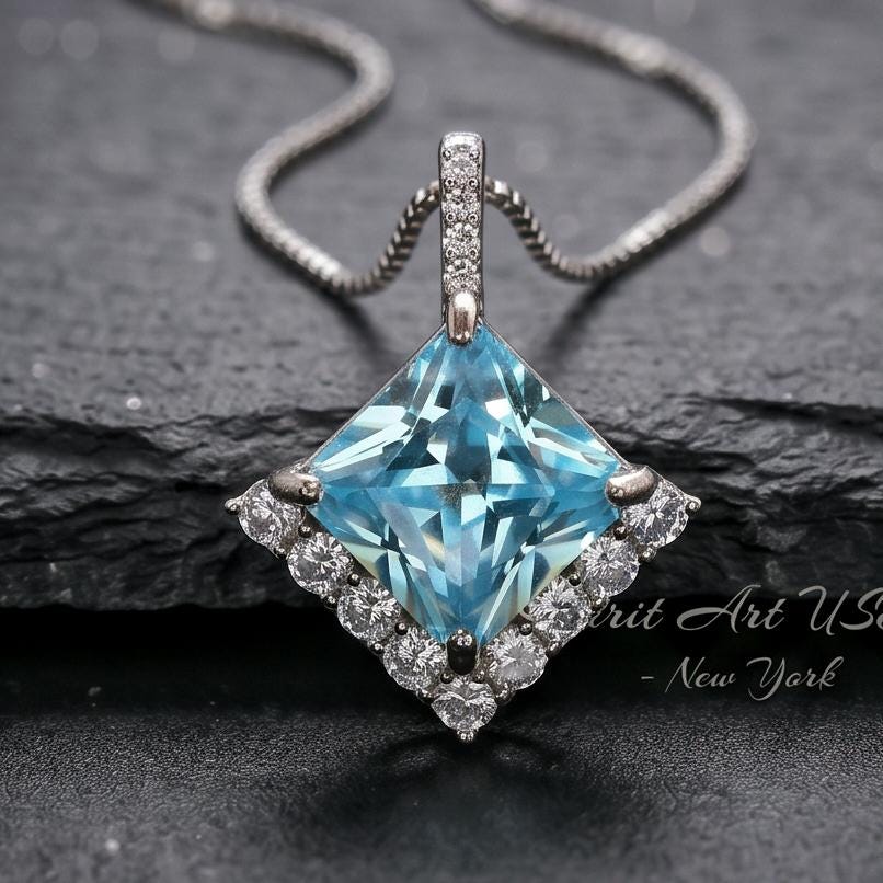 Gemstone Style Blue Aquamarine Necklace - 6.5 CT Square Princess Cut Aquamarine Pendant - 18KGP @ Sterling Silver - March Birthstone #588