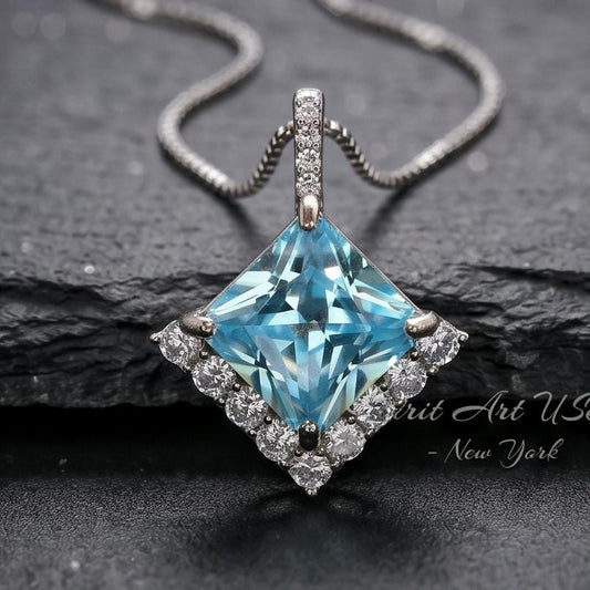 Gemstone Style Blue Aquamarine Necklace - 6.5 CT Square Princess Cut Aquamarine Pendant - 18KGP @ Sterling Silver - March Birthstone #588