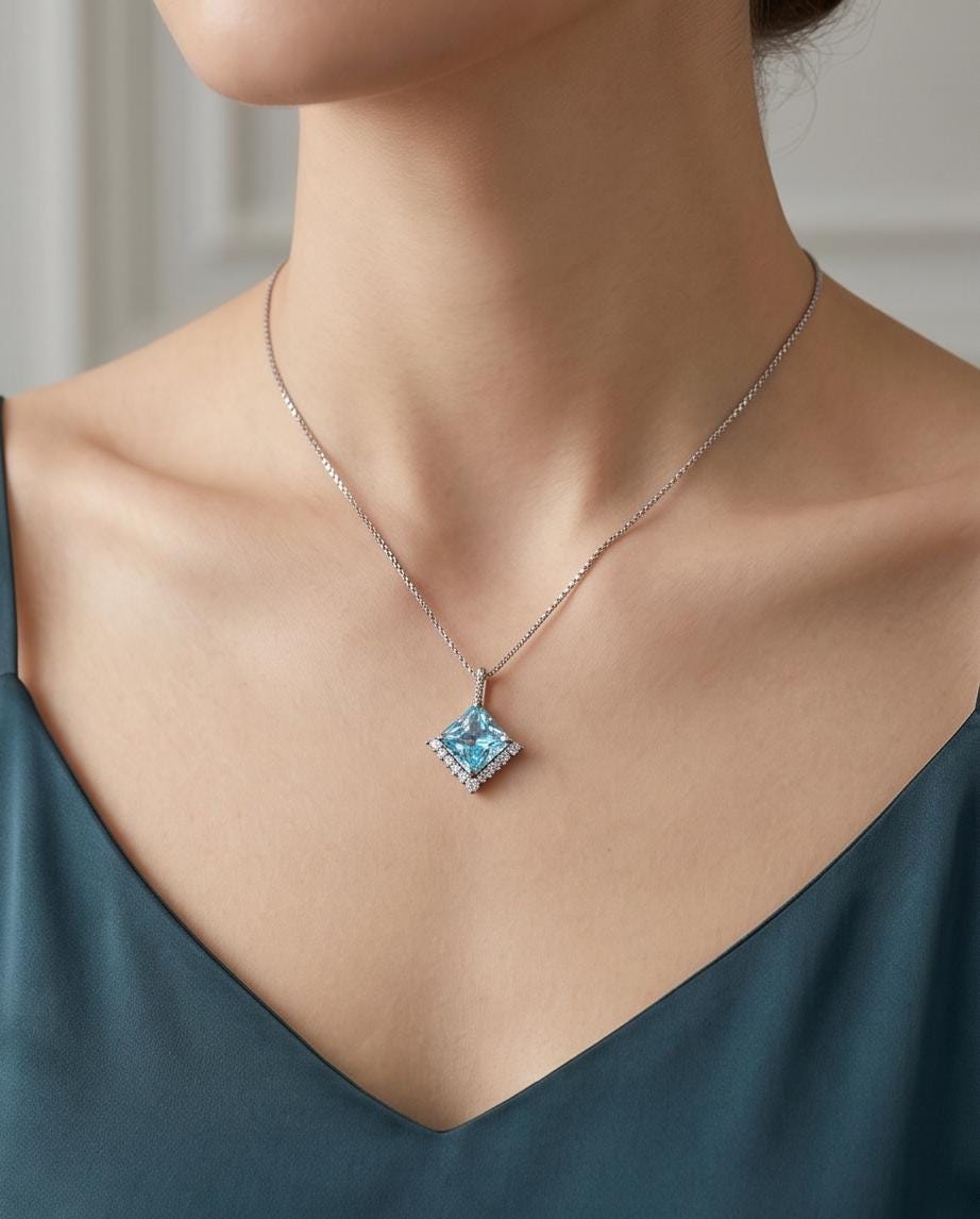 Gemstone Style Blue Aquamarine Necklace - 6.5 CT Square Princess Cut Aquamarine Pendant - 18KGP @ Sterling Silver - March Birthstone #588