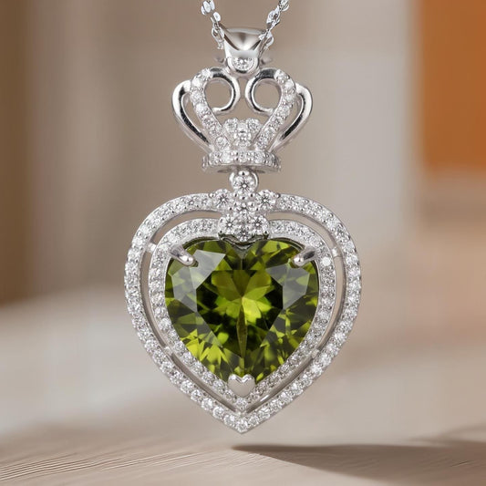 Large Green Peridot Heart Necklace - Full Sterling Silver Made Double Halo Green Heart Peridot Pendant #840