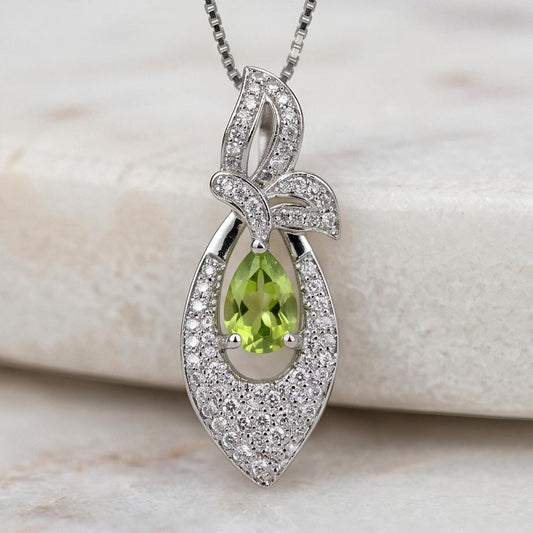 Genuine Green Peridot Necklace - 18KGP @Sterling Silver - Pear Cut Minimalist Peridot Pendant Diamond Butterfly Style August Birthstone #484