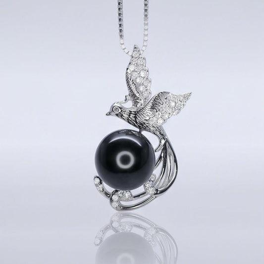 Black Onyx Phoenix Necklace - White Gold plated Sterling Silver - Gemstone Bird Black Gemstone Pendant #508