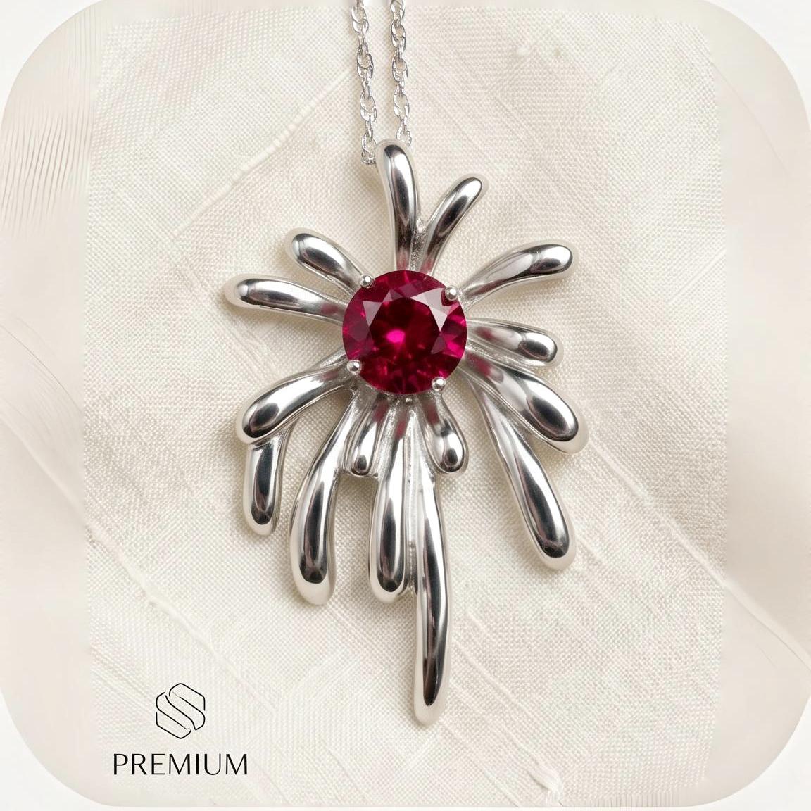 Sterling Silver Firework Ruby Necklace - Firework Necklace - White Gold Plated - July Birthstone - Ruby Jewelry #789