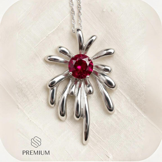 Sterling Silver Firework Ruby Necklace - Firework Necklace - White Gold Plated - July Birthstone - Ruby Jewelry #789