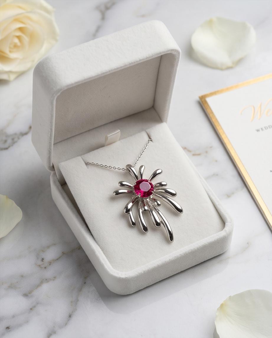 Sterling Silver Firework Ruby Necklace - Firework Necklace - White Gold Plated - July Birthstone - Ruby Jewelry #789