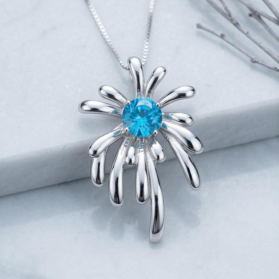 Blue Topaz Necklace - Sterling Silver Firework Necklace - 18KGP - November Birthstone #704
