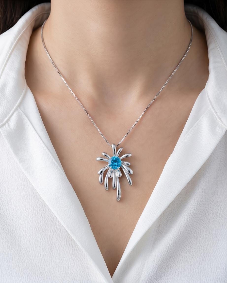 Blue Topaz Necklace - Sterling Silver Firework Necklace - 18KGP - November Birthstone #704