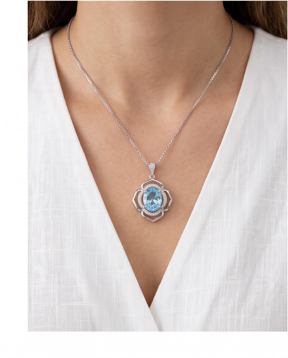 Flower of Life large Blue Aquamarine Necklace - Full Sterling Silver made White gold coated - 4.2 CT Large Aquamarine Pendant #698