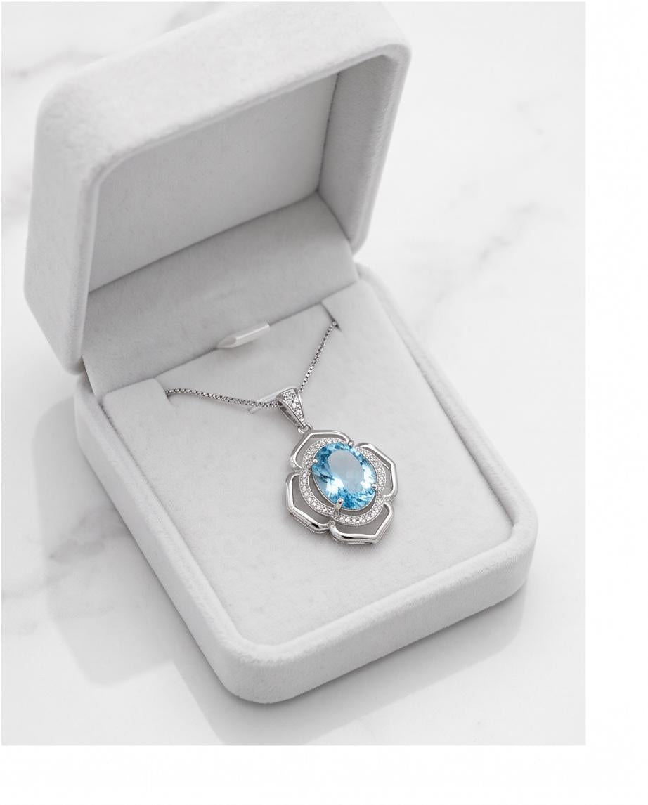 Flower of Life large Blue Aquamarine Necklace - Full Sterling Silver made White gold coated - 4.2 CT Large Aquamarine Pendant #698