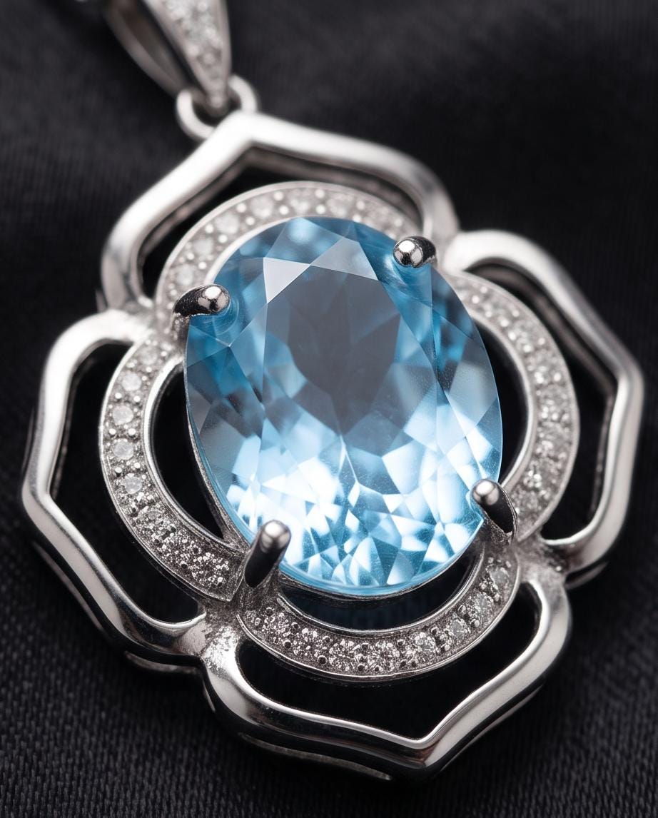 Flower of Life large Blue Aquamarine Necklace - Full Sterling Silver made White gold coated - 4.2 CT Large Aquamarine Pendant #698