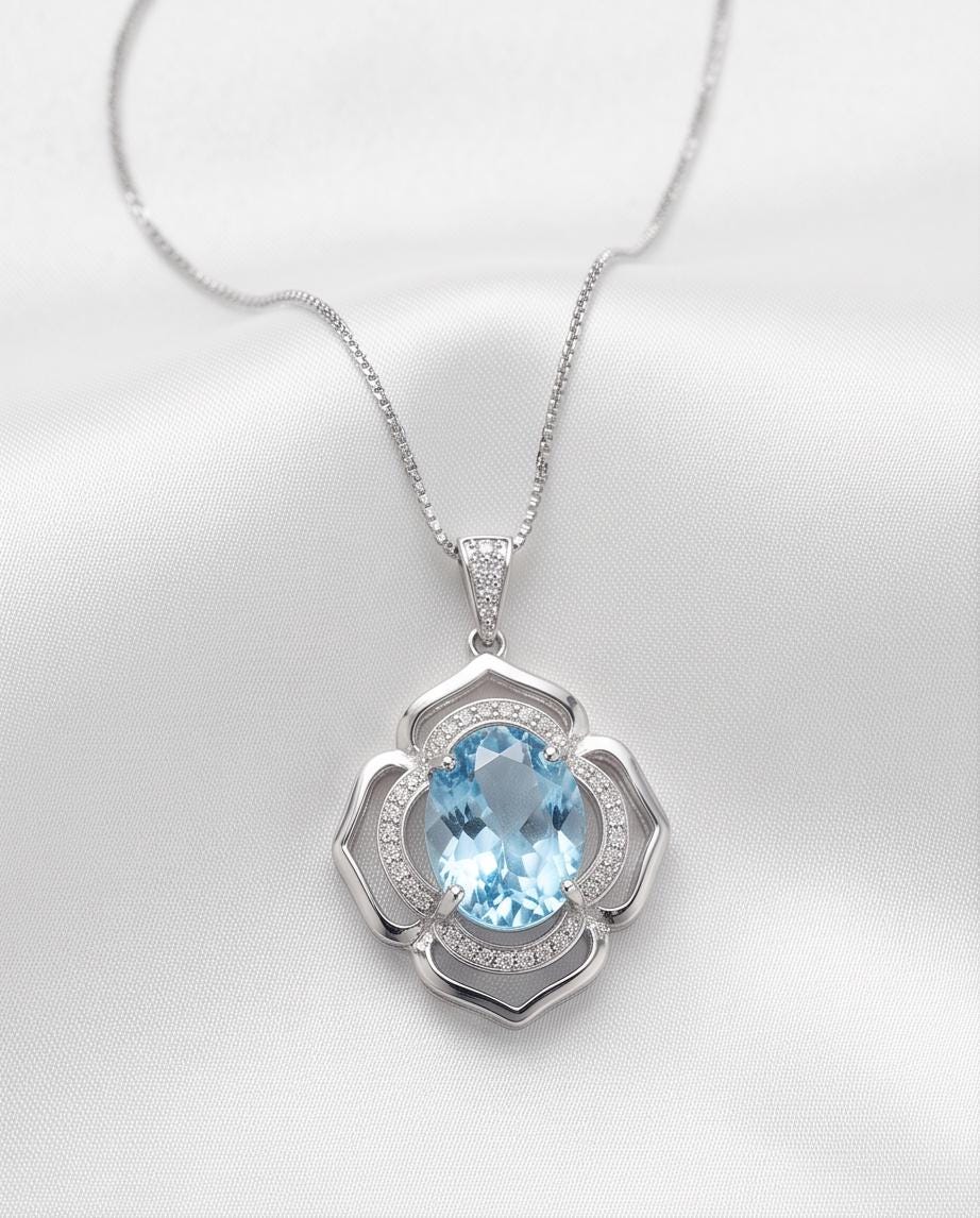 Flower of Life large Blue Aquamarine Necklace - Full Sterling Silver made White gold coated - 4.2 CT Large Aquamarine Pendant #698