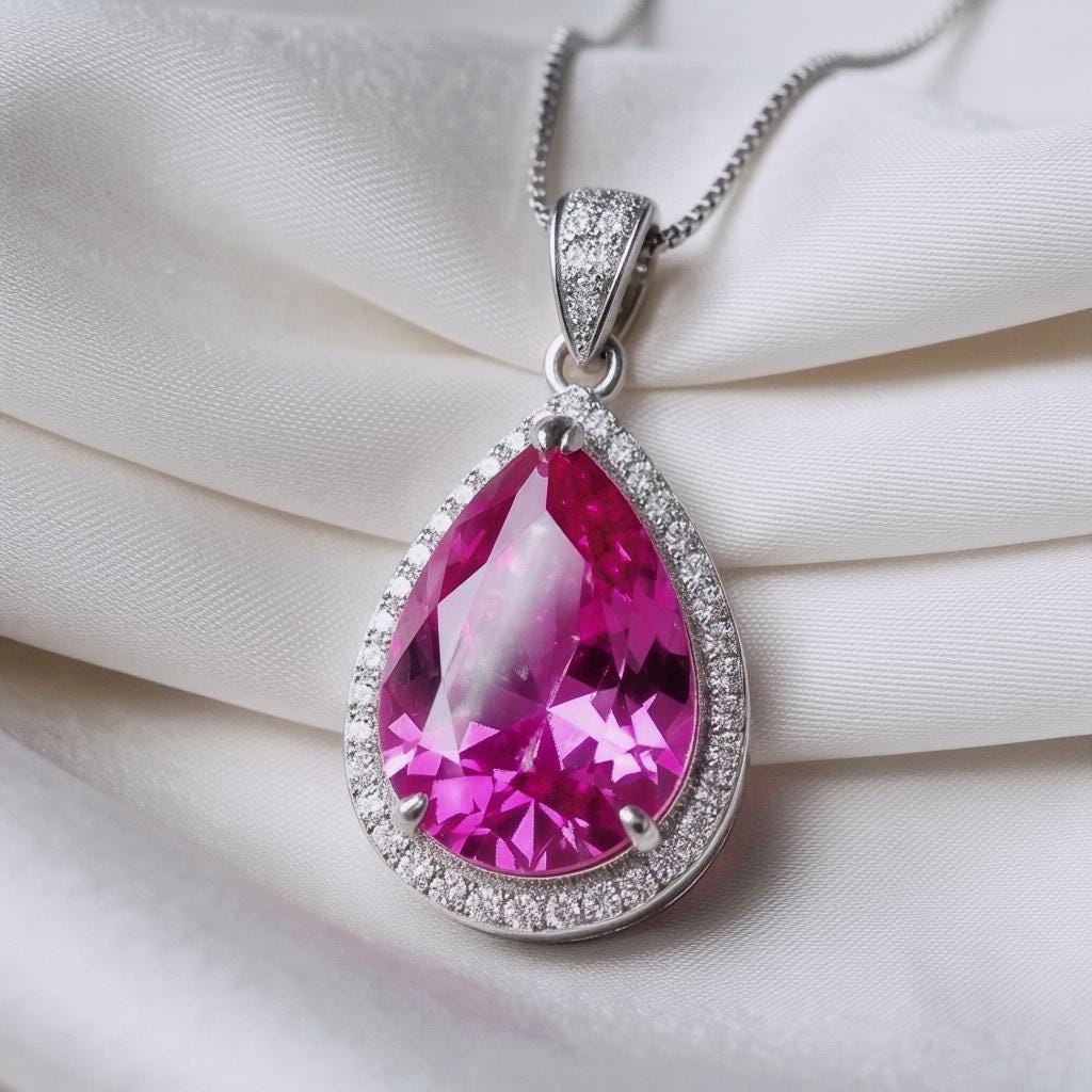 Large Teardrop Pink Sapphire Necklace - Sterling Silver Fuchsia Large 5 CT Pink Sapphire Pendant - White Gold Fuchsia Gemstone Jewelry #746