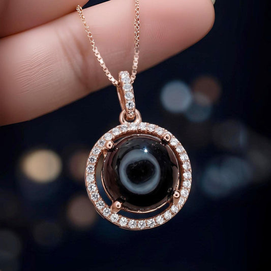 Solitaire Black Onyx Necklace , Classic 4 CT Natural Genuine Onyx Pendant - 18KGP @ Sterling Silver - Black Gemstone Protective Stone #159