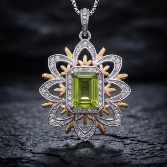 Spirit Flower Genuine Peridot Necklace White Gold coated Sterling Silver Gemstone Gold Rectangle Peridot Pendant Goddess Athena Jewelry #764