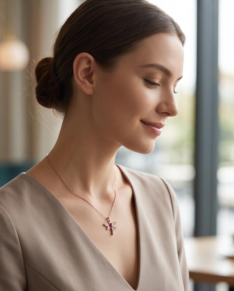 Dragonfly Ruby Necklace - Rose Gold Coated 925 Sterling Silver - July Birthstone oval cut red ruby 16" ~20" Chain #337