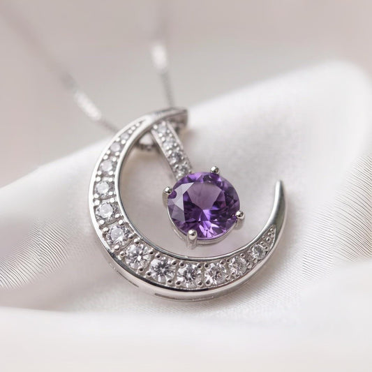 Amethyst Moon Necklace Sterling Silver Crescent purple lavender natural amethyst Pendant February Birthstone Double Pendant Jewelry #992