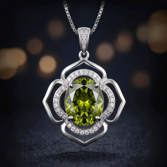 Sterling Silver Large Peridot Necklace , Green Flower of Life Necklace - Oval Cut 4.1 Ct Lab Green Peridot Flower Pendant #545
