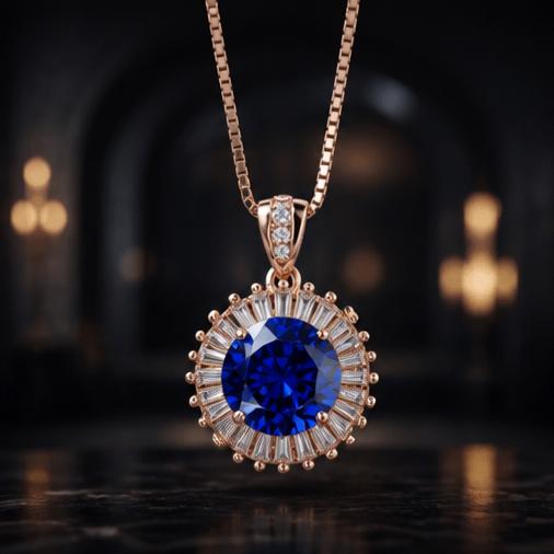Large Blue Tanzanite Necklace - Rose Gold Sterling Silver Gemstone Halo Sun Style 4 CT Royal Blue Tanzanite Pendant #610