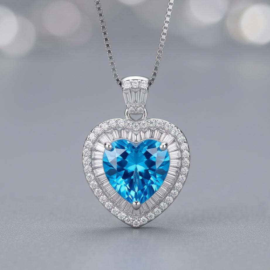 Blue Topaz Heart Necklace White Gold Coated Sterling Silver Gemstone Heart Pendant Blue Topaz Jewelry #950