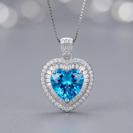 Blue Topaz Heart Necklace White Gold Coated Sterling Silver Gemstone Heart Pendant Blue Topaz Jewelry #950