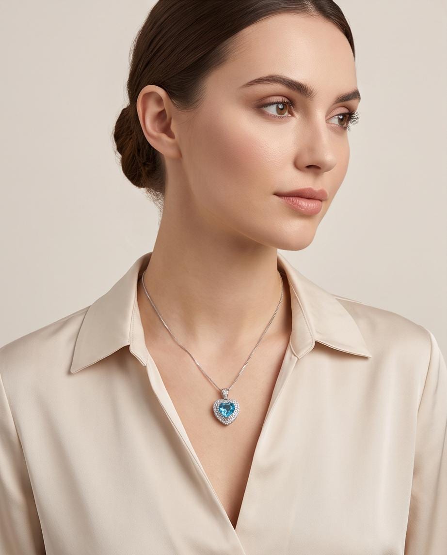 Blue Topaz Heart Necklace White Gold Coated Sterling Silver Gemstone Heart Pendant Blue Topaz Jewelry #950