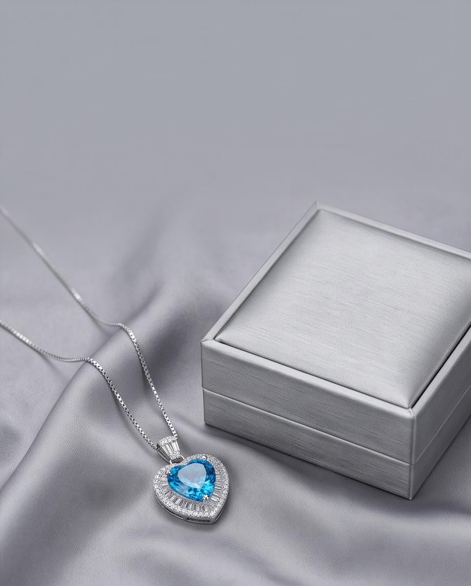 Blue Topaz Heart Necklace White Gold Coated Sterling Silver Gemstone Heart Pendant Blue Topaz Jewelry #950