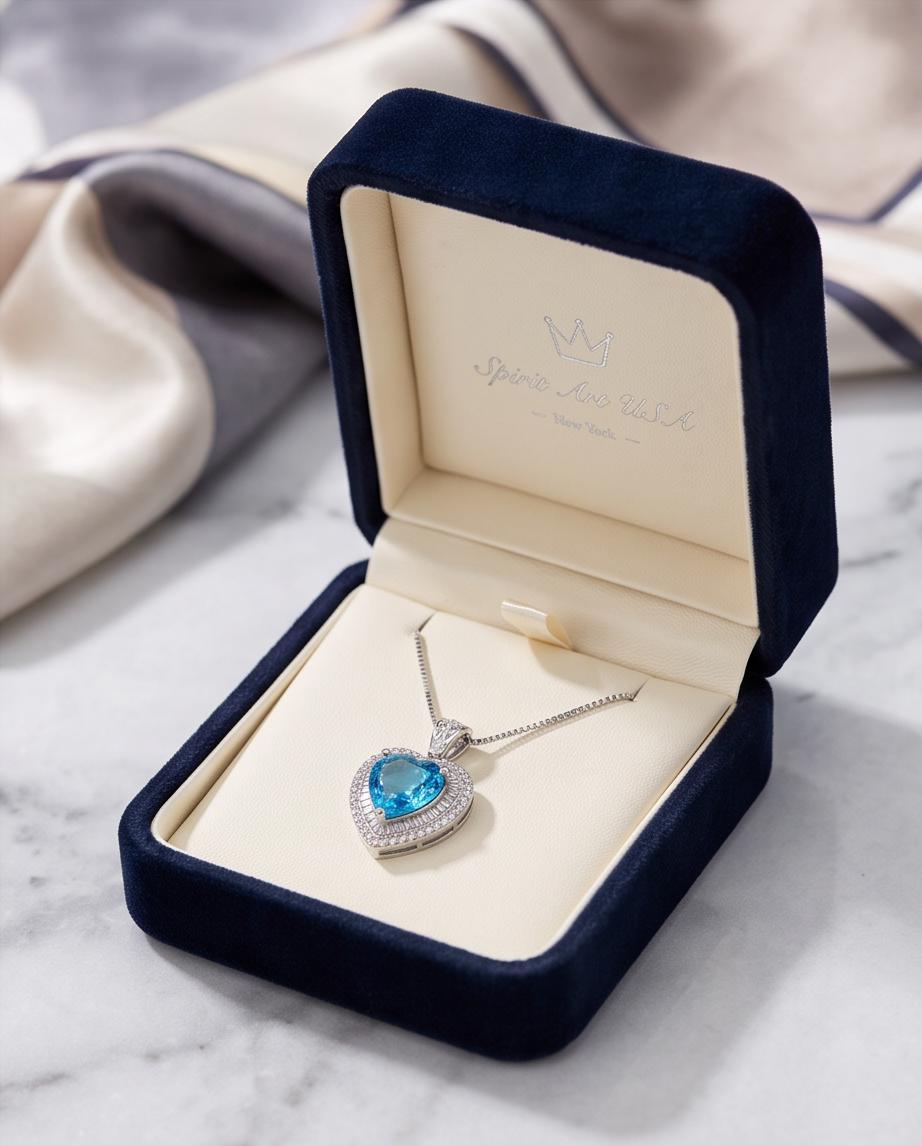 Blue Topaz Heart Necklace White Gold Coated Sterling Silver Gemstone Heart Pendant Blue Topaz Jewelry #950