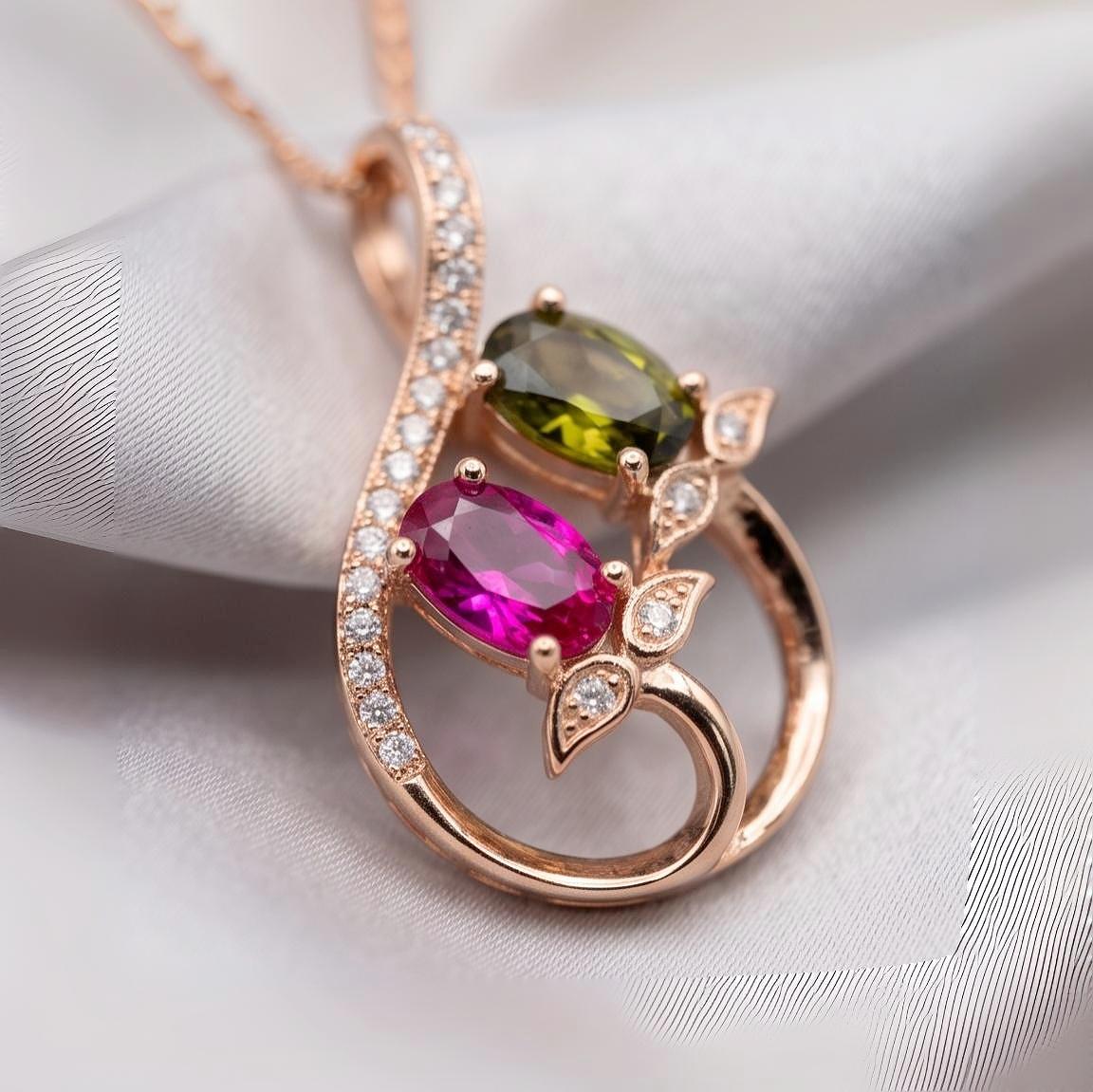 Dainty Ruby Peridot Necklace, Rose gold coated Sterling Silver Green Peridot Pendant, Flower Red Ruby Peridot birthstone #1000