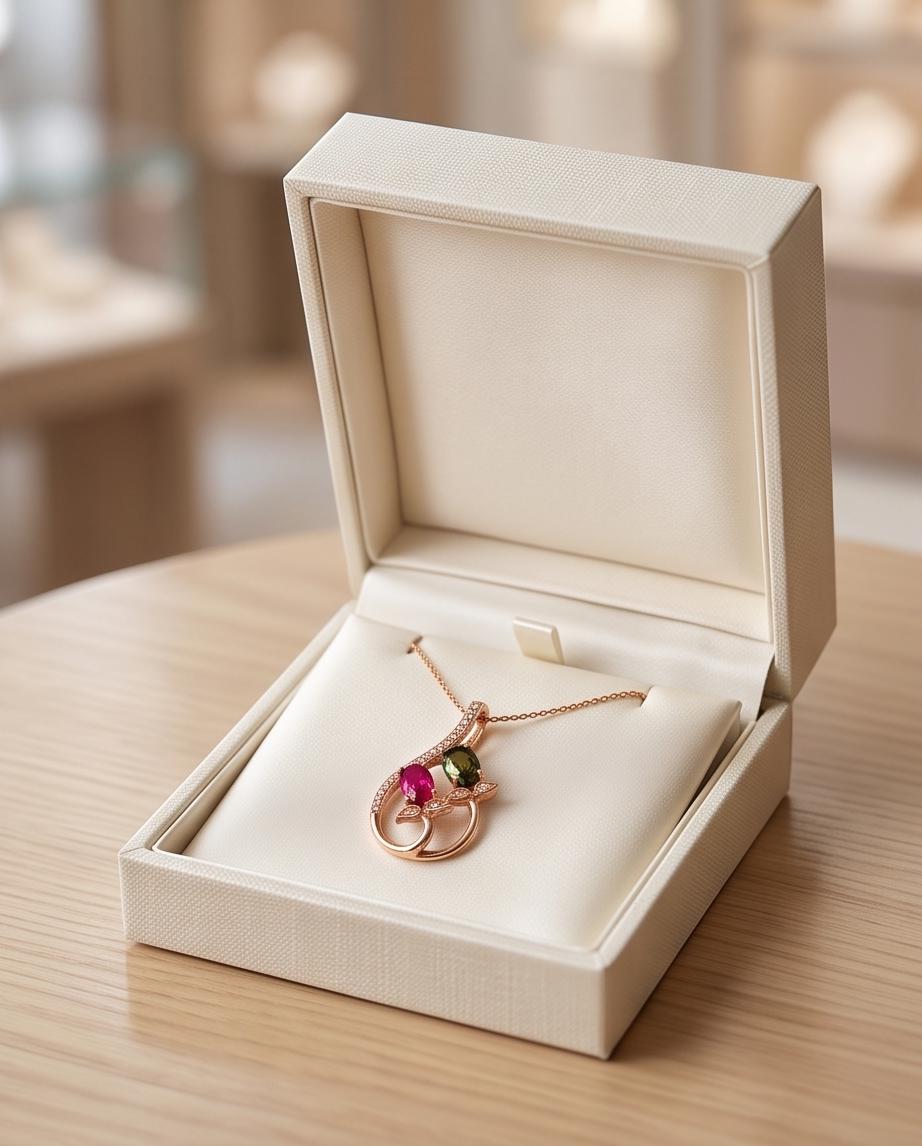 Dainty Ruby Peridot Necklace, Rose gold coated Sterling Silver Green Peridot Pendant, Flower Red Ruby Peridot birthstone #1000