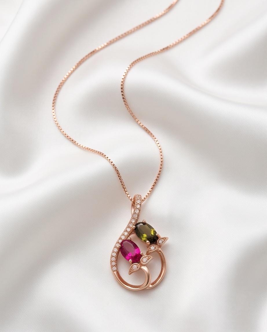 Dainty Ruby Peridot Necklace, Rose gold coated Sterling Silver Green Peridot Pendant, Flower Red Ruby Peridot birthstone #1000