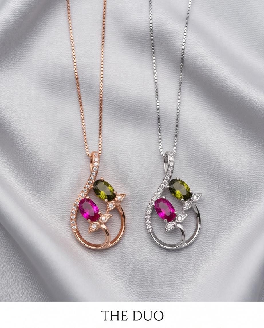 Dainty Ruby Peridot Necklace, Rose gold coated Sterling Silver Green Peridot Pendant, Flower Red Ruby Peridot birthstone #1000
