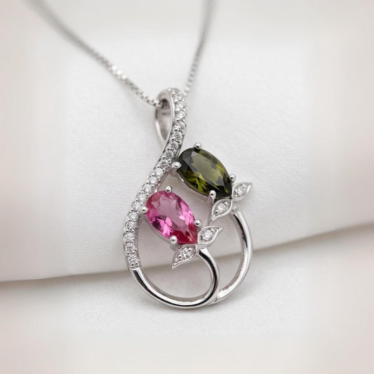 Dainty Ruby Necklace, Sterling Silver Green Peridot Necklace, Delicate Gemstone Flower High Quality Red Ruby Peridot Pendant #237