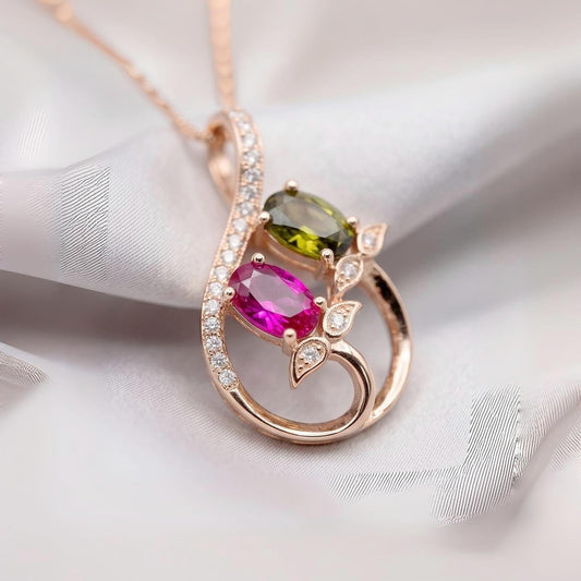 Dainty Ruby Peridot Necklace, Rose gold coated Sterling Silver Green Peridot Pendant, Flower Red Ruby Peridot birthstone #1000
