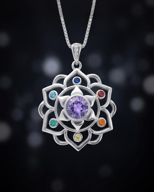 Amethyst Necklace - 7 Chakra Pendant - 18KG @ Sterling Silver - Genuine Natural Amethyst Jewelry - Flower Of Life Yoga Necklace #464