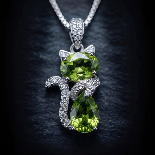 Genuine Peridot Necklace Sterling Silver Cat Kitty Necklace - Natural Green Peridot Pendant - 925 Silver Heart Chakra Pedridot Jewelry #222