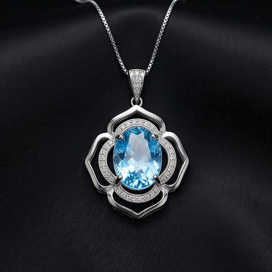 Flower of Life large Blue Aquamarine Necklace - Full Sterling Silver made White gold coated - 4.2 CT Large Aquamarine Pendant #698