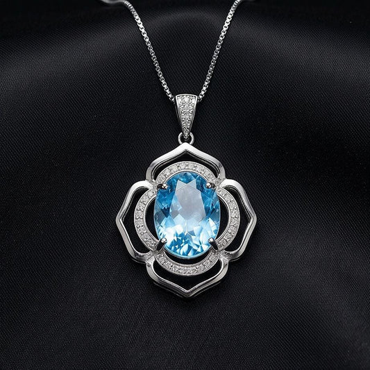 Flower of Life large Blue Aquamarine Necklace - Full Sterling Silver made White gold coated - 4.2 CT Large Aquamarine Pendant #698