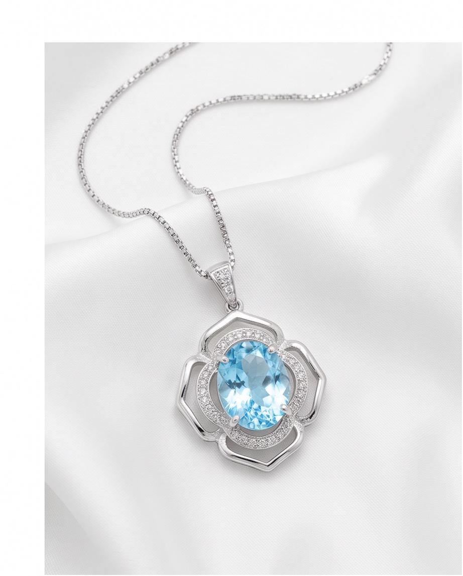 Flower of Life large Blue Aquamarine Necklace - Full Sterling Silver made White gold coated - 4.2 CT Large Aquamarine Pendant #698