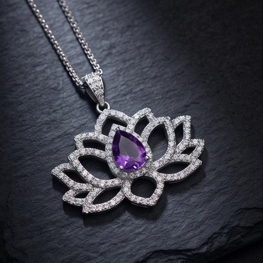 Lotus Style Genuine Amethyst Necklace Gemstone Water lily Pendant 18KGP @ Sterling Silver February Birthstone - Amethyst Jewelry #697