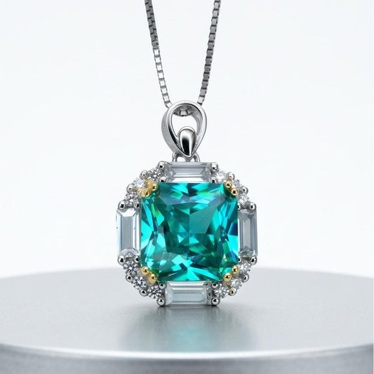 Cushion Cut Green Paraiba Necklace - Paraiba Pendant Paraiba Jewelry Green Tourmaline Necklace - 18KGP @ Sterling Silver Square Green #973