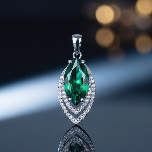 Marquise Style Emerald Necklace - 18kgp @ Sterling Silver - Large Emerald pendant Green Horse eye jewelry #959