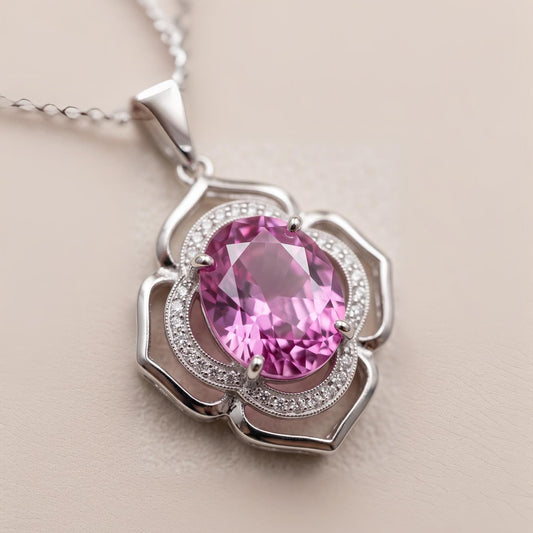 Large Pink Tourmaline Necklace- Sterling Silver Gemstone Flower OF Life Pendant - Oval 4 ct Wedding Bridal Pendant #630