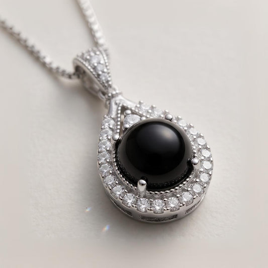 Black Onyx Necklace Round Full 925 Sterling Silver -Teardrop Dainty Root Chakra Healing- Protective Black Onyx Pendant #281