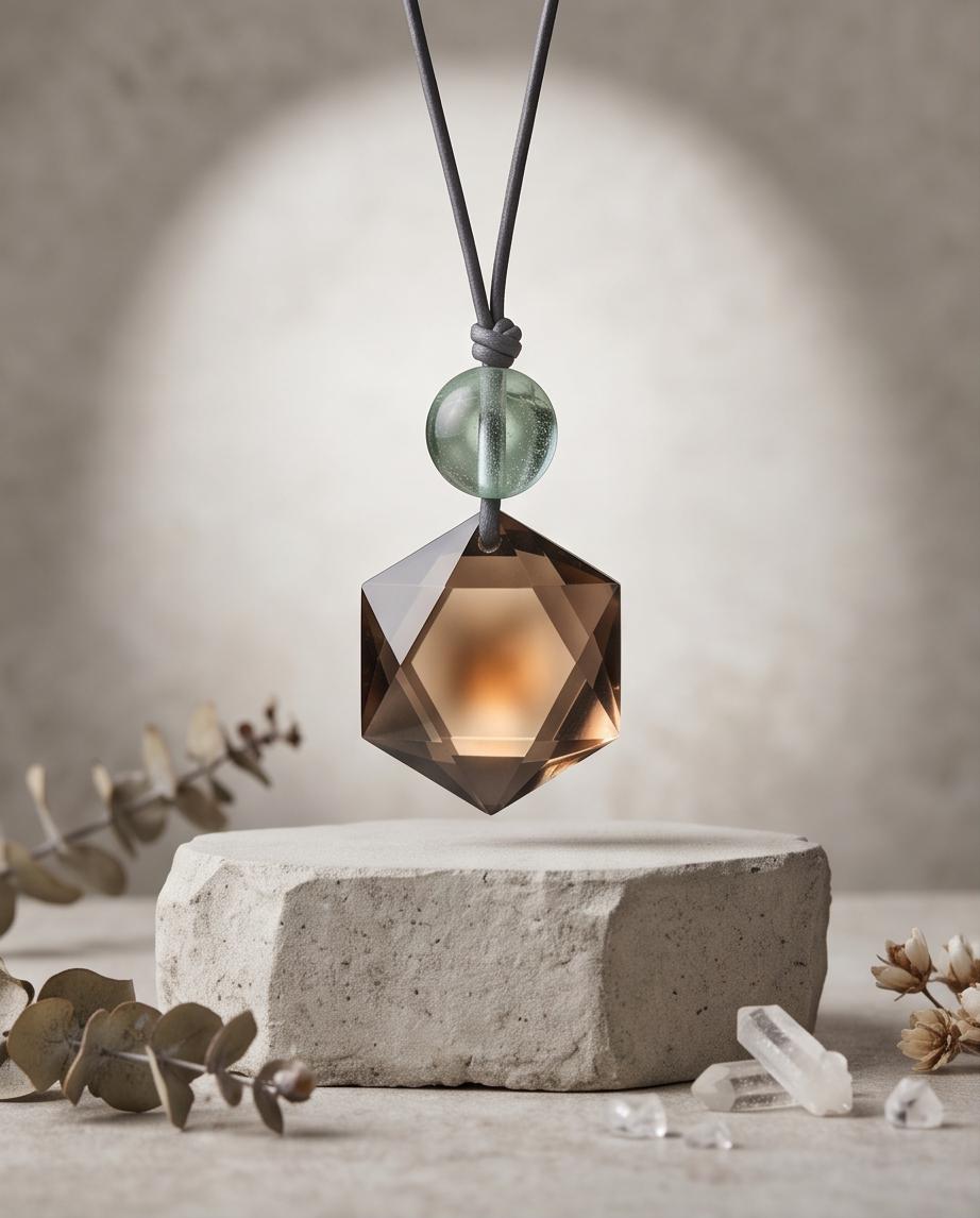 Smoky Quartz Necklace, Star of David Pendant, Green Fluorite, Adjustable Leather Cord, Sacred Geometry Jewelry, Crystal Healing Amulet