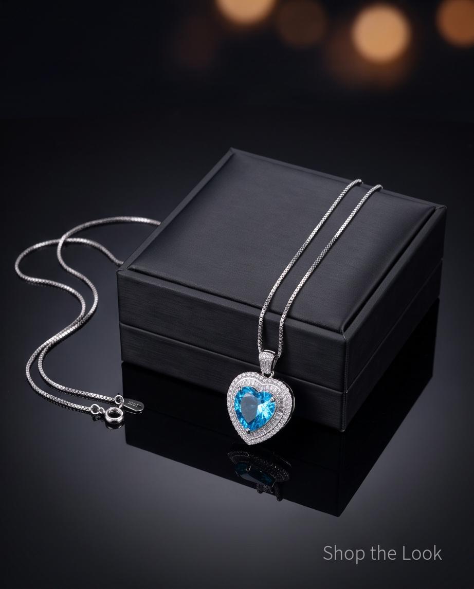 Blue Topaz Heart Necklace White Gold Coated Sterling Silver Gemstone Heart Pendant Blue Topaz Jewelry #950
