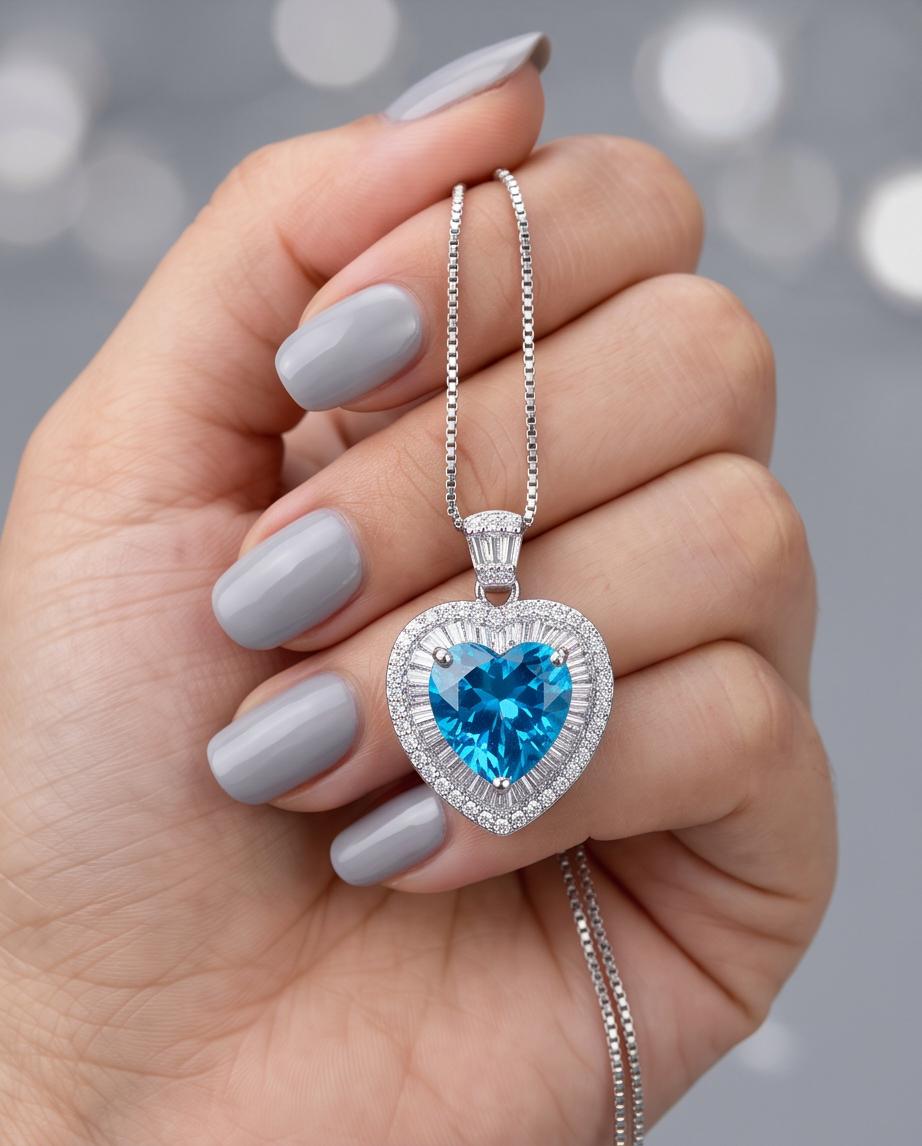 Blue Topaz Heart Necklace White Gold Coated Sterling Silver Gemstone Heart Pendant Blue Topaz Jewelry #950