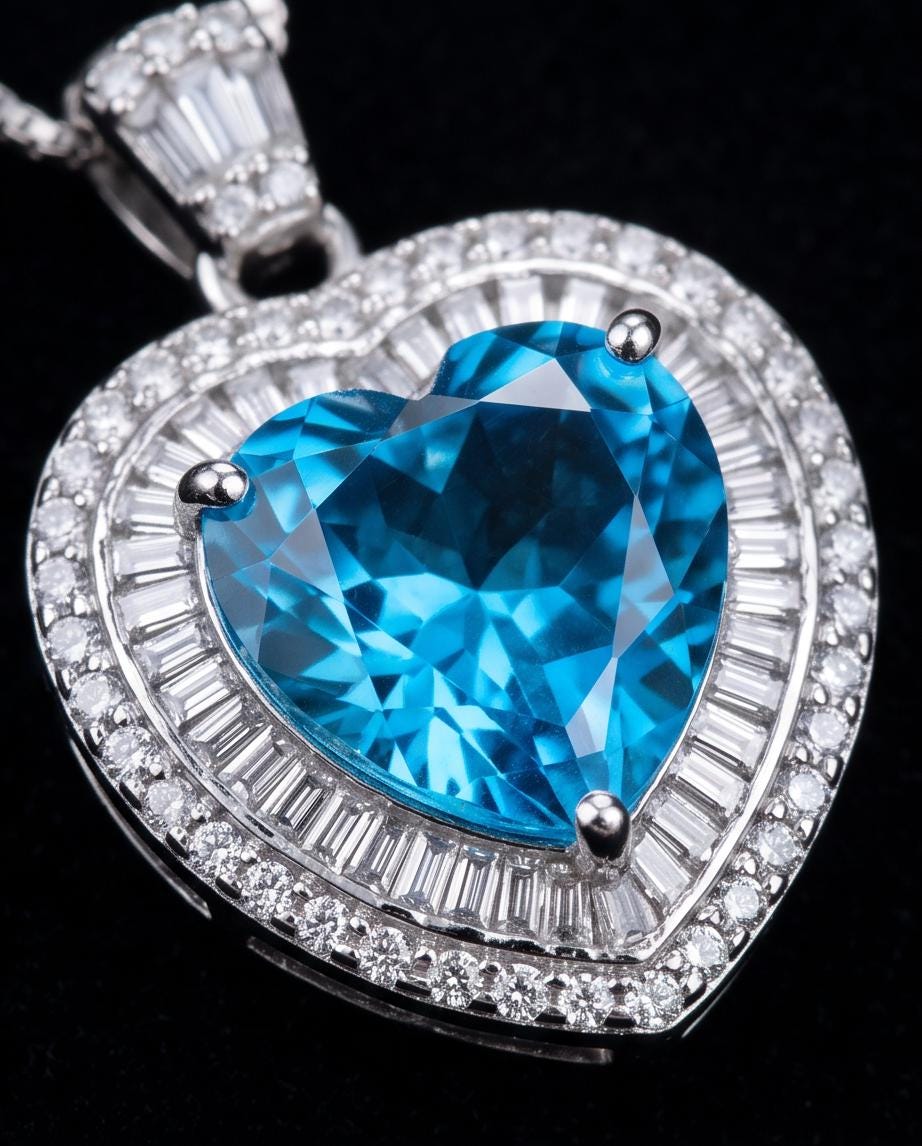 Blue Topaz Heart Necklace White Gold Coated Sterling Silver Gemstone Heart Pendant Blue Topaz Jewelry #950