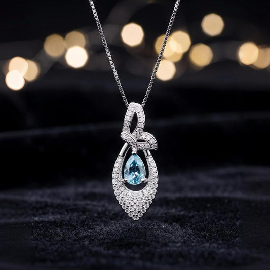 Tiny Teardrop Aquamarine Necklace, Gemstone Petal Leaf Butterfly Pendant, 18KGP @ Sterling Silver - Blue Aquamarine Jewelry #384
